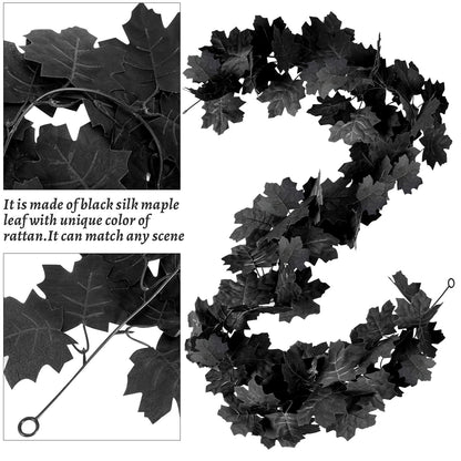 Black Leaf Garland, 4PCS Halloween Artificial Hanging Fall Leave Maple Vines, Fall Floral Garlands Thanksgiving Decor for Home Wedding Party (23.6FT)