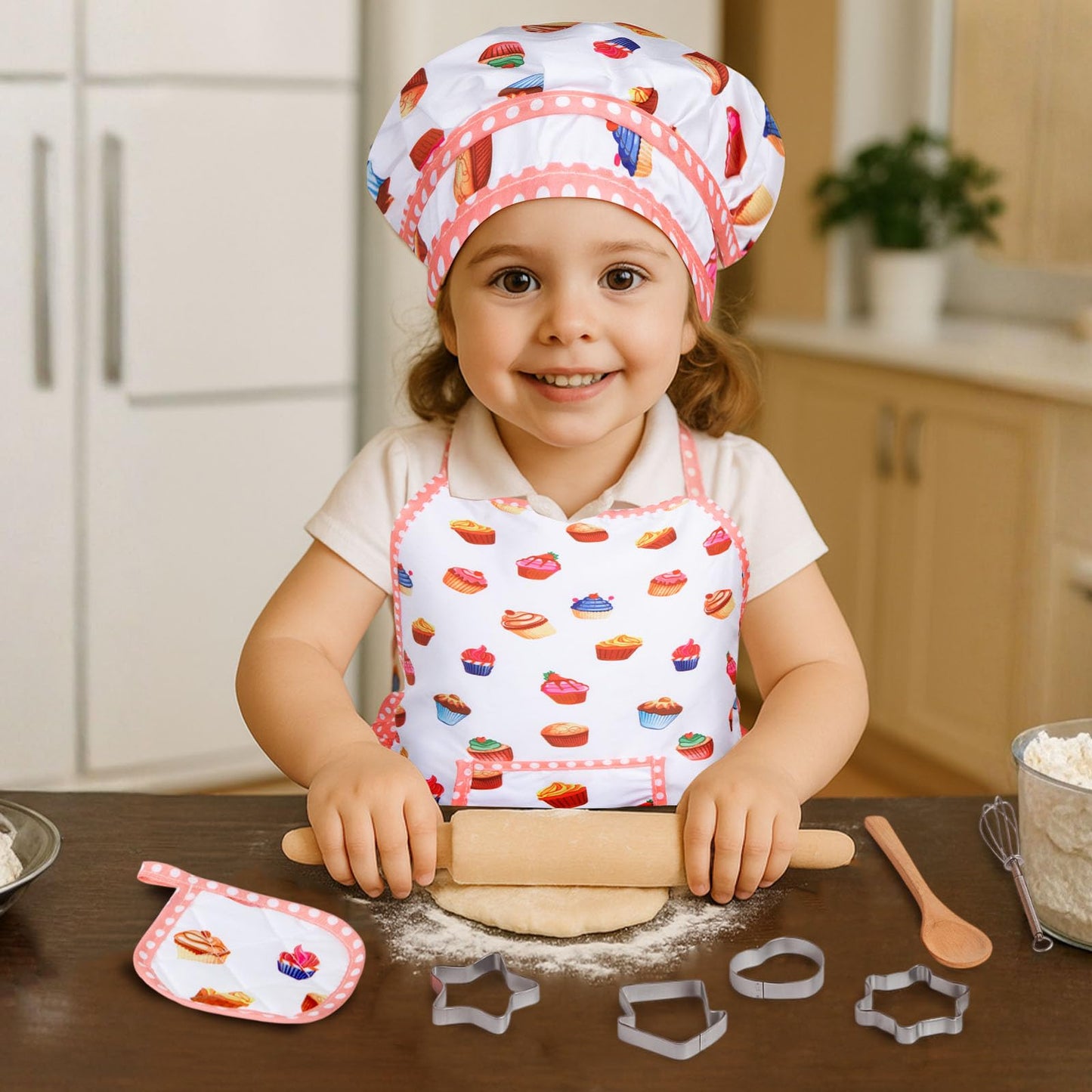 3 Otters Kids Chef Hat and Apron, 11 PCS Chef Costume Sets Pretend Play Kitchen Toys Baking Tools for Toddler