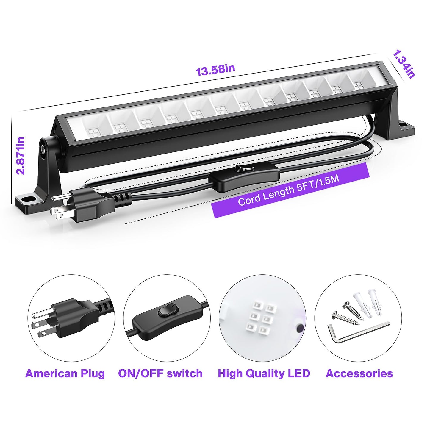 Atfoyer 40W LED Black Light Bar for Glow Party, Blacklight with Plug &Switch, Each Light Up 484 Sq.ft Area, Halloween Glow Lights, Fluorescent Body Paint, Stage Lighting