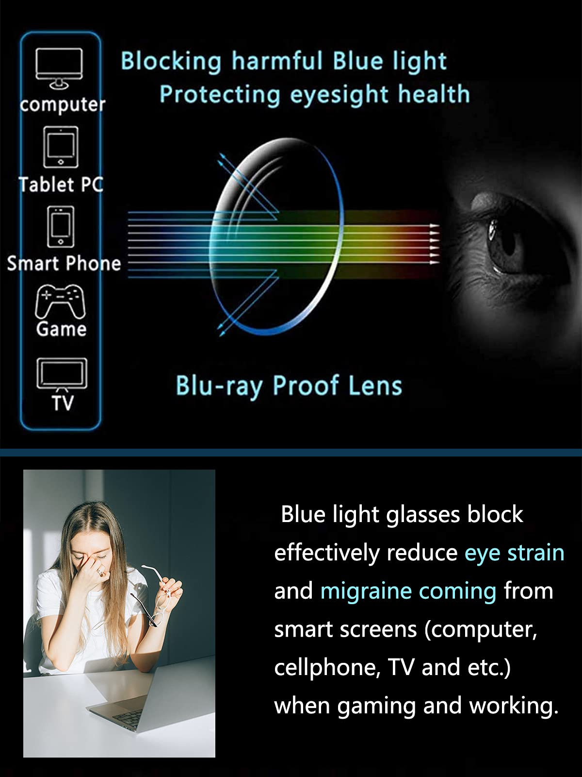 Blue Light Blocking Glasses for Women Men Classic Semi Rimless Fake Nerd Anti Blue Ray Computer Eyeglasses (Bright Black/Silver)