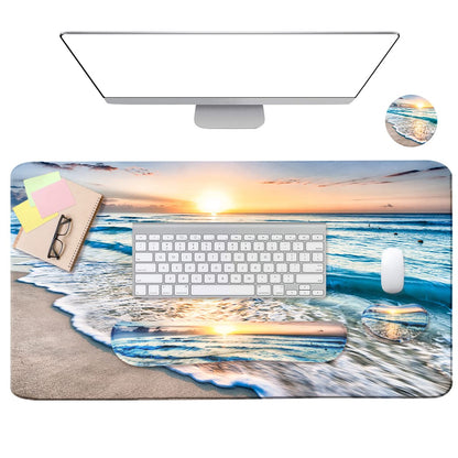 4-in-1 Large Gaming Mouse Pad, Keyboard Wrist Rest Pad & Wrist Support Mousepad Set, Extended Desk Pad Waterproof Desk Mat for Home Office Study Game-Beach