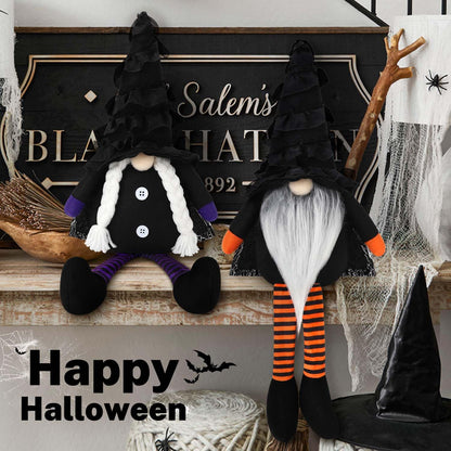 BINSUNS Halloween Plush Gnomes Decoration, 2 Pack Halloween Dangle Leg Gnomes Doll Elf Dwarf - Black Witch Cloak Hat Stuffed gnomesfor Halloween Home Decor Table Decorations Gifts Household Ornaments