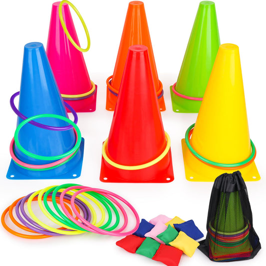 Hooqict 3 in 1 Carnival Games Set Bean Bag Toss Can Games Soft Plastic Cone Cornhole Ring Toss Game for Kids Birthday Party Indoor Outdoor Field Day Backyard Yard Games Multicolored