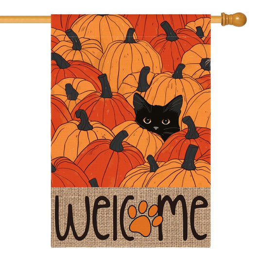 AVOIN colorlife Fall House Flag 28x40 Inch Double Sided Outside, Black Cat Autumn Welcome Pumpkins Seasonal Yard Outdoor Flag