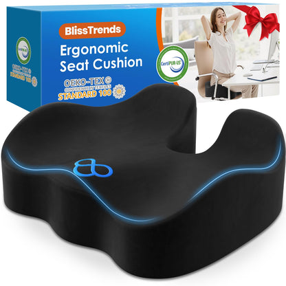 BlissTrends Seat Cushion,Thick Memory Foam Cushions for Office Chair, Car Seat, Airplane, Relieving Pressure Tailbone Sciatica Back Pain for Long Sitting Office Workers, Car Drivers 4.7in Thick Black