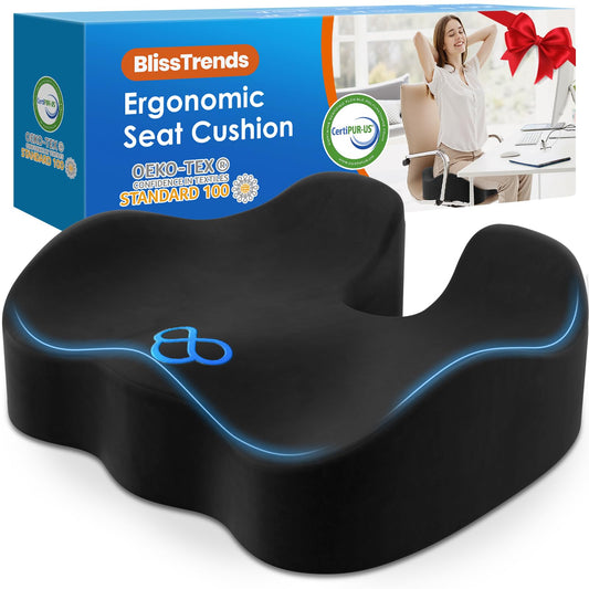 BlissTrends Seat Cushion,Thick Memory Foam Cushions for Office Chair, Car Seat, Airplane, Relieving Pressure Tailbone Sciatica Back Pain for Long Sitting Office Workers, Car Drivers 4.7in Thick Black