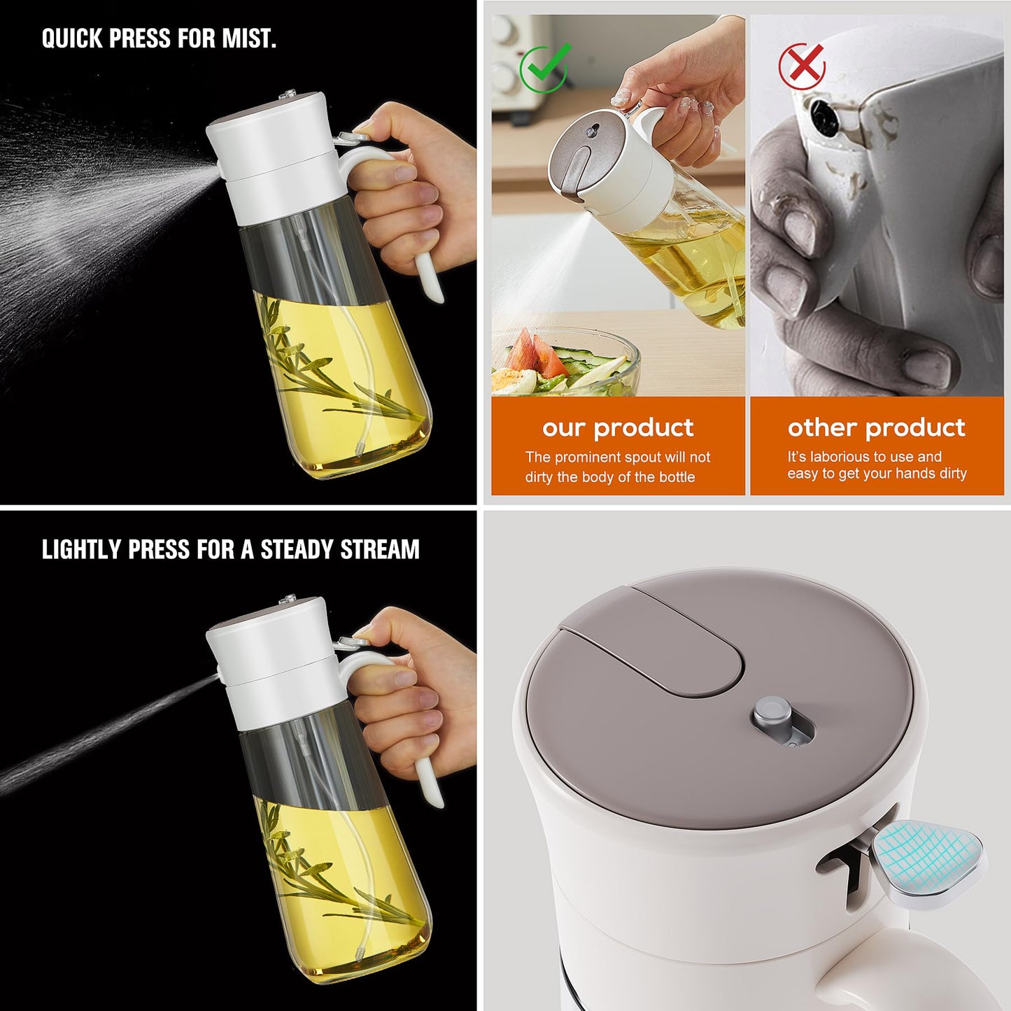 hoforife Glass Olive Oil Dispenser Bottle & Oil Sprayer Bottle 2 In 1 for Kitchen Cooking, Auto Flip Cap, 18oz White