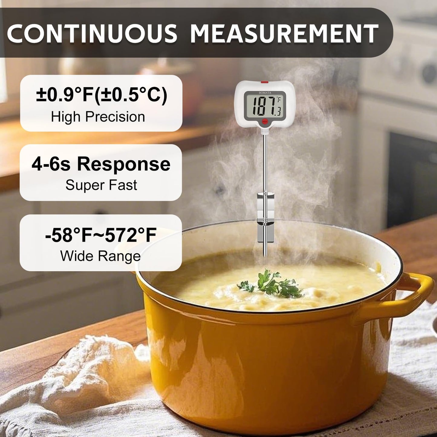 BOMATA Candy Thermometer with Pot Clip, Instant Read Cooking Thermometer with 8" Long Probe, Rotating Display, for Candy Making, Food, Candle Making, Liquids, Water, Baking, Sugar, Grilling. White
