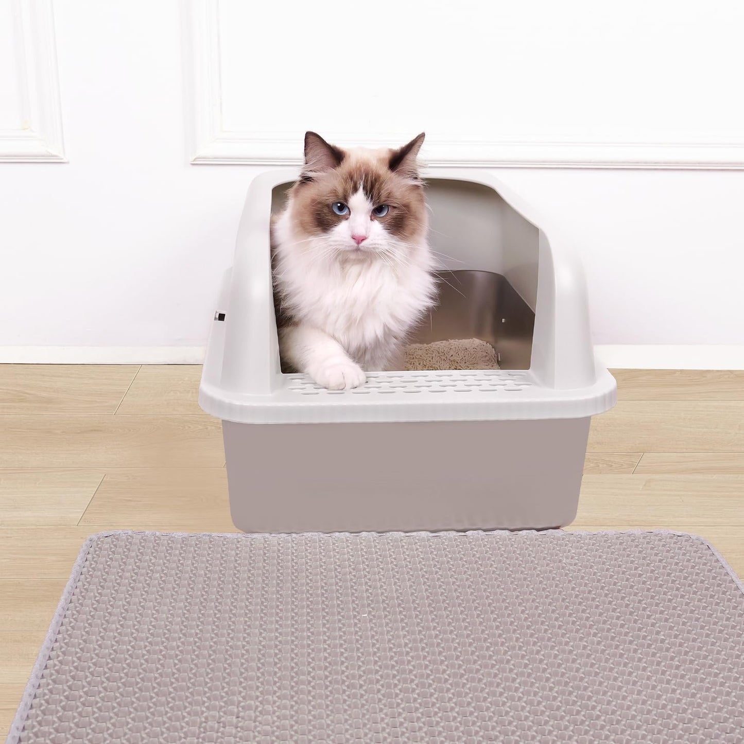 Henkelion Stainless Steel Cat Litter Box with Lid, 20" L x 14.2" W x 11.8" H, Extra Large Litter Box for Big Cats with High Sided, Anti-Urine Leakage, Easy Cleaning, Include Cat Mat and Scoop