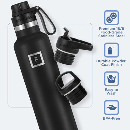 IRON °FLASK Camping & Hiking Hydration Canteens - 3 Lids (Narrow Spout Lid) Leak Proof Vacuum Insulated Stainless Steel - Hot & Cold Double Walled Sports Water Bottle - Cashmere Cream, 24 Oz