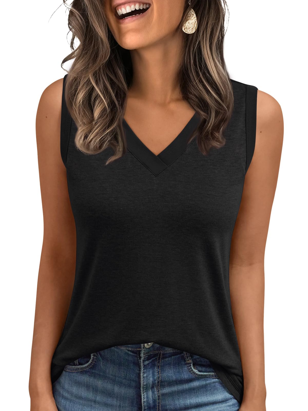 AUTOMET Black Tank Top Women Casual Loose Fit Long Tops Spring Summer V Neck Sleeveless Shirt Basic Tops 2024 Outfits Clothes