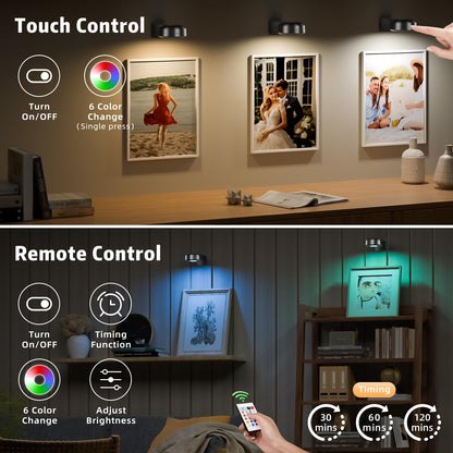 3PCS Picture Lights with Remote, Rechargeable Battery Magnetic Poster Lights with 3 Color Temps&12 RGB, Dimmable and Timer Metal Art Light for Display, Wall, Artwork, Gallery (Black)