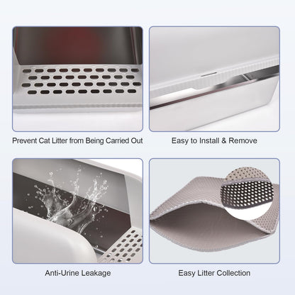 Henkelion Stainless Steel Cat Litter Box with Lid, 20" L x 14.2" W x 11.8" H, Extra Large Litter Box for Big Cats with High Sided, Anti-Urine Leakage, Easy Cleaning, Include Cat Mat and Scoop