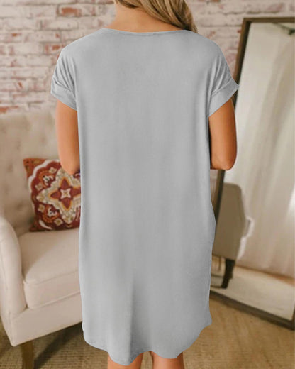 BTFBM Women Summer T Shirt Dresses 2025 Spring Short Sleeve V Neck Loose Casual Short Vacation Dress Pajamas Pockets(Grey, Large)