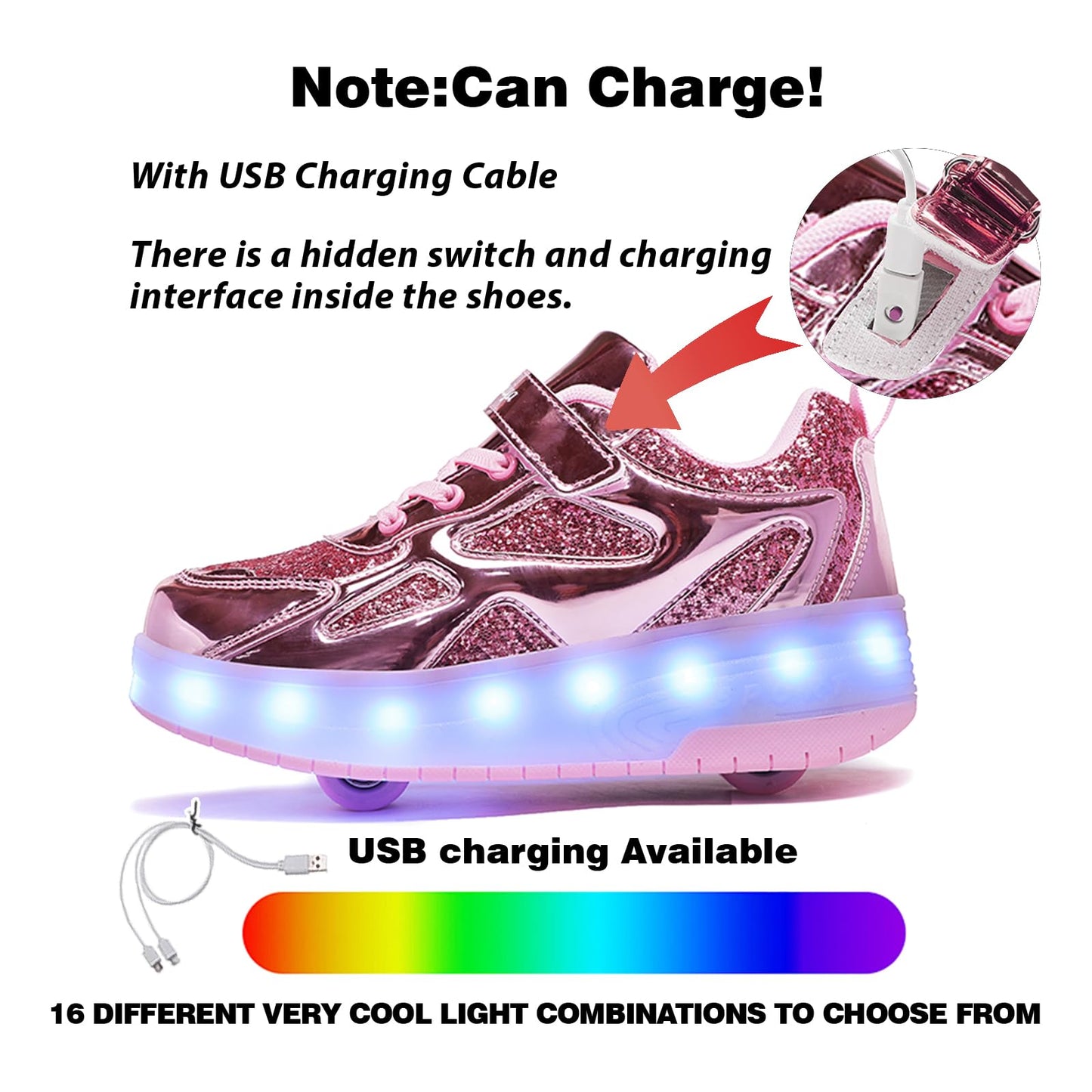 HOVERKICKES LED Roller Skate Shoes for Kids Boys Girls Light Up Roller Sneakers with Detachable Wheels Rechargeable Flashing Wheeled Shoes