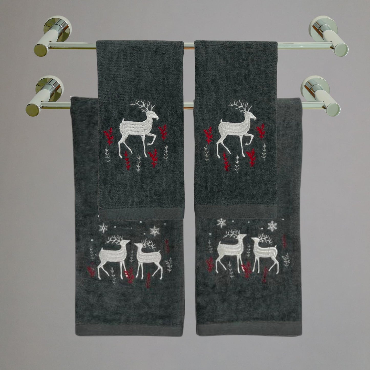 Holiday Christmas Cotton Towels: Noble Reindeer Buck Deer Design, Gray Silver Red White, Set of 2
