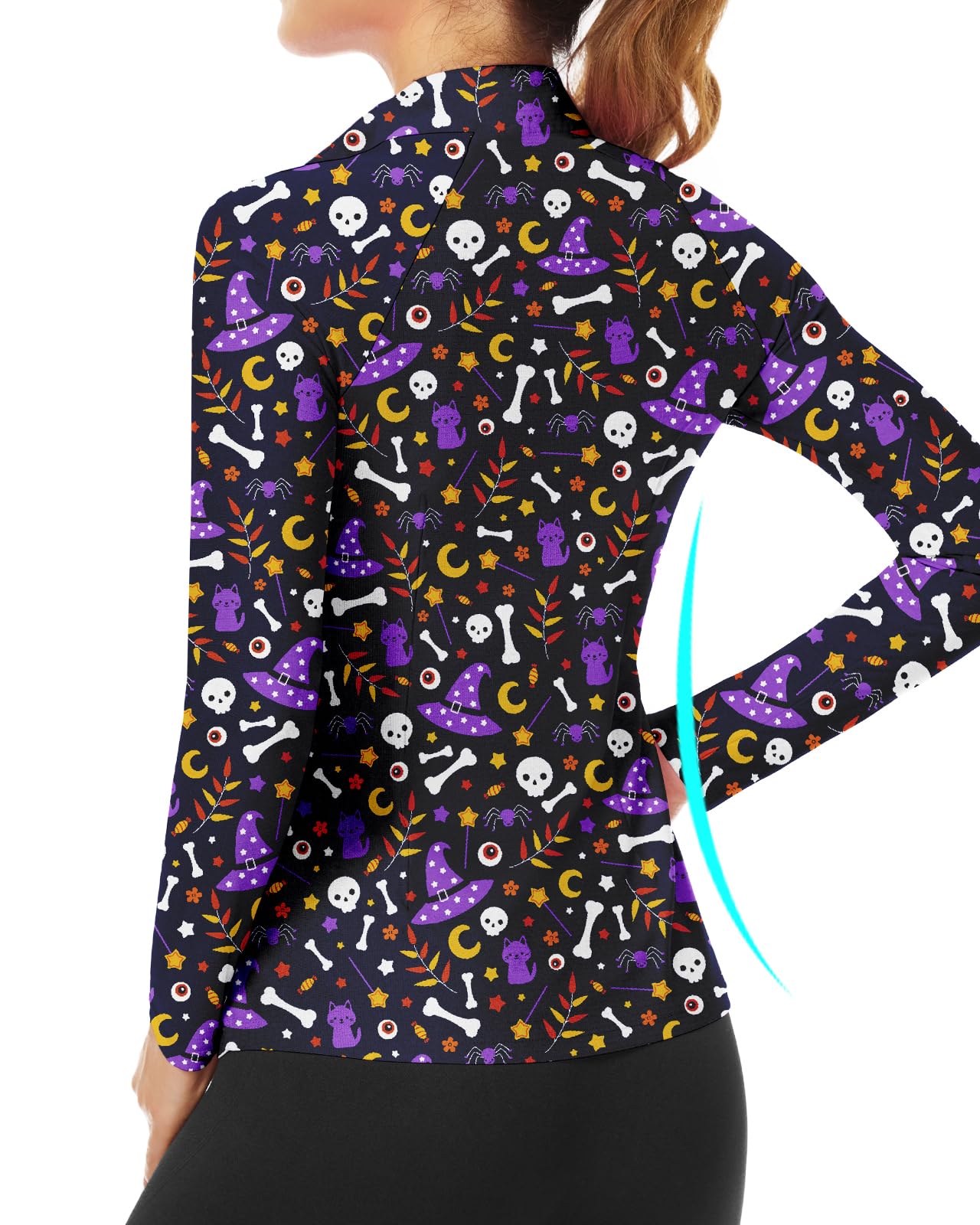 Women's Long Sleeve Golf Shirts Sun Protection Workout Pullover 3/4 Zip Teenis Sweatshirt Athletic Running Top Halloween (Purple Skull,M)