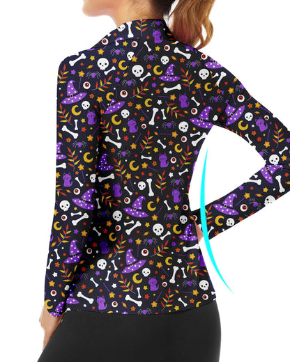 Women's Long Sleeve Golf Shirts Sun Protection Workout Pullover 3/4 Zip Teenis Sweatshirt Athletic Running Top Halloween (Purple Skull,M)