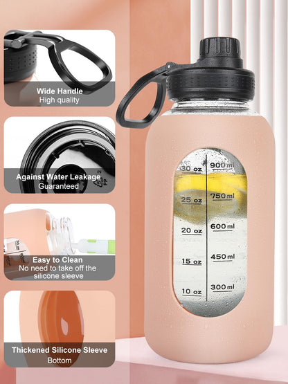 40oz Glass Water Bottle with Handle Lid Time Marker Motivational Sport Water Jug with Silicone Sleeve Water Flask Canteen Wide Mouth Water Bottle for Gym Workout Travel Office Home Everyday Hydration