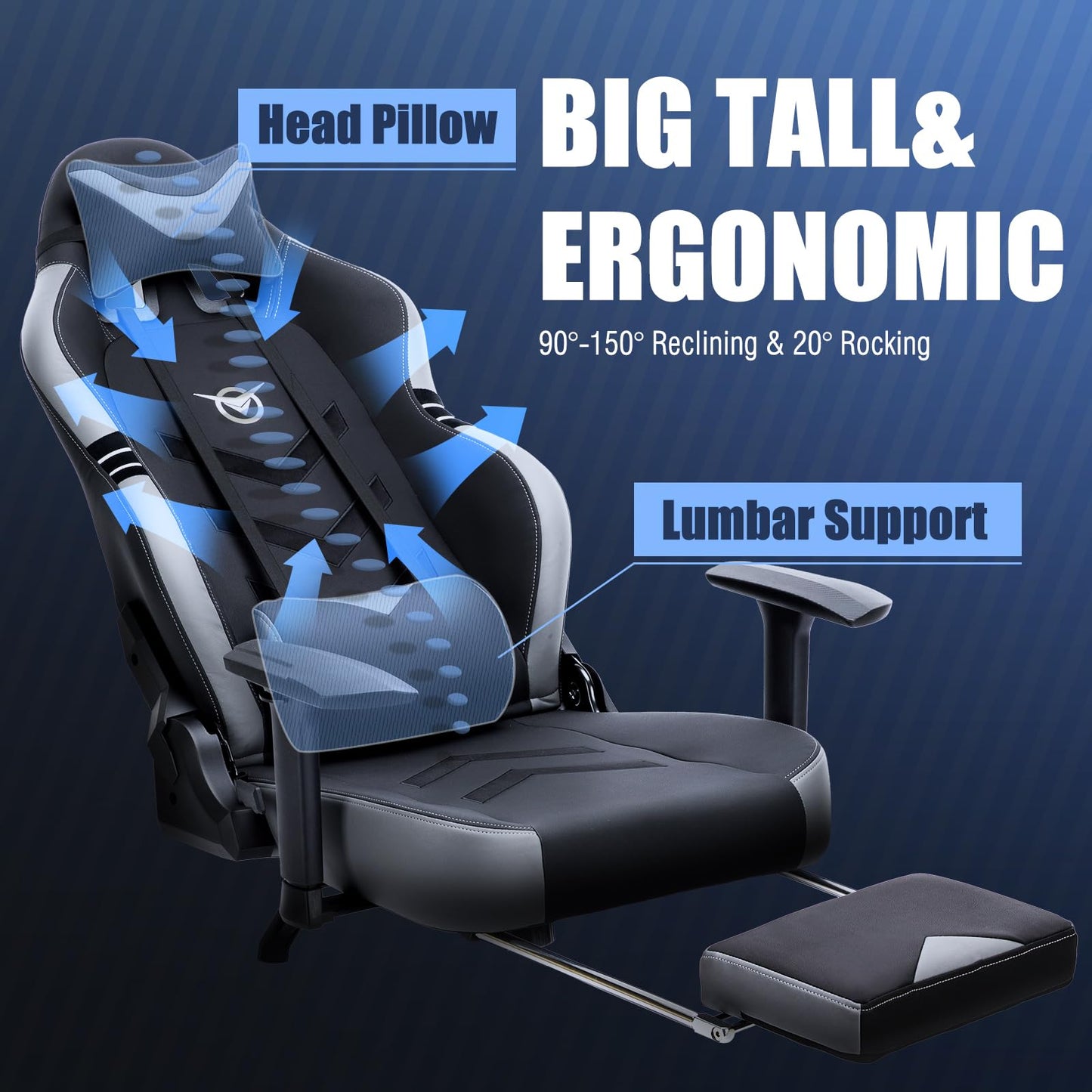Big and Tall Gaming Chair with Footrest 350lbs-Racing Computer Gamer Chair, Ergonomic High Back PC Chair with Wide Seat, Reclining Back, 3D Armrest for Adult-Black