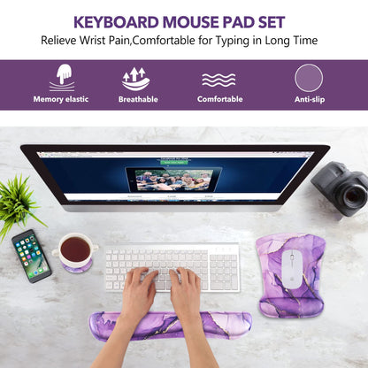 AIMSA Ergonomic Keyboard Wrist Rest and Mouse Pad with Wrist Support Set, Memory Foam Non-Slip Rubber Base, for Home, Office, Easy Typing, Pain Relief, Purple Marble