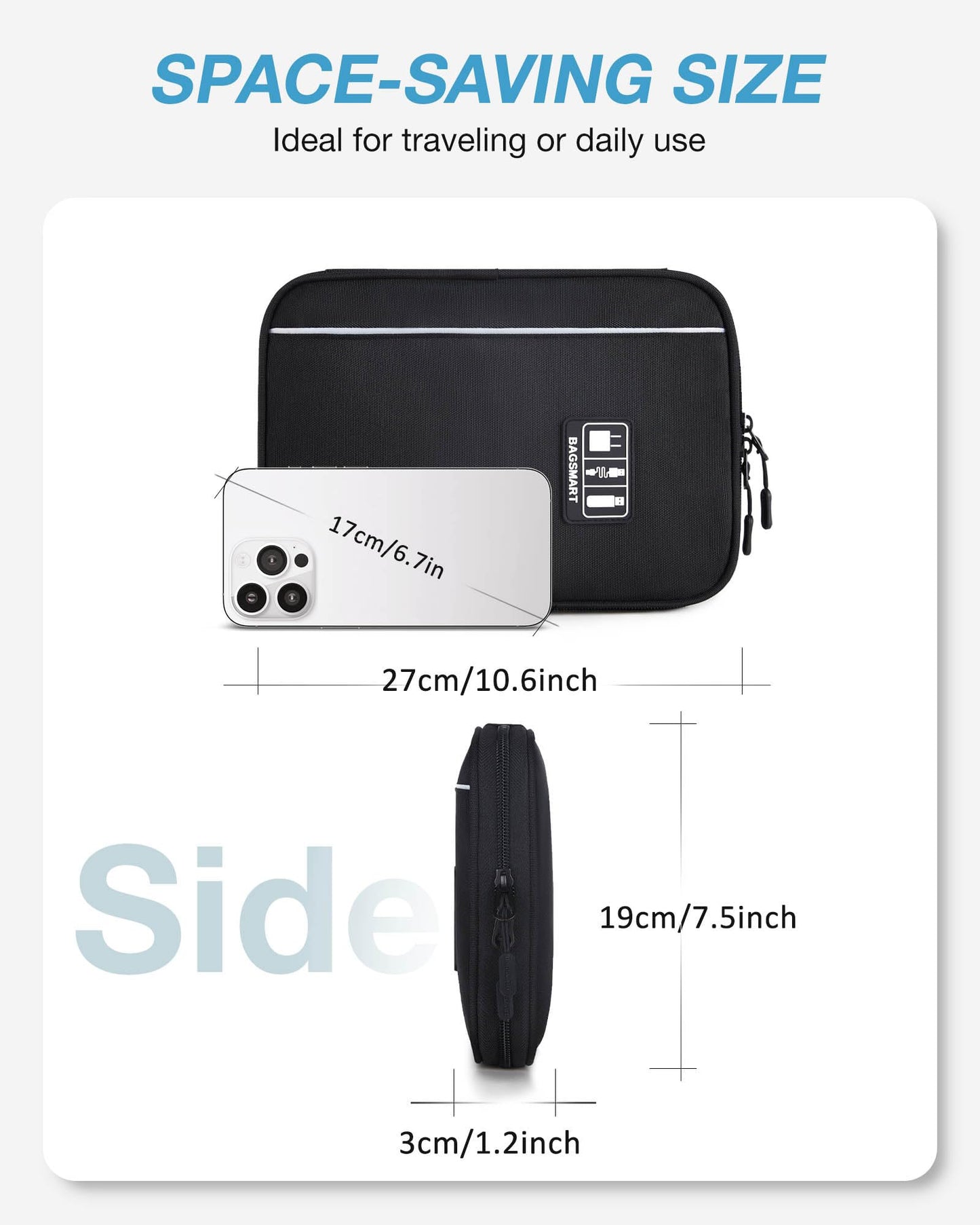 BAGSMART Electronics Travel Organizer Case, Tech Accessories Cord Storage Bag for Phone, Power Bank, SD Card, Cables, Black