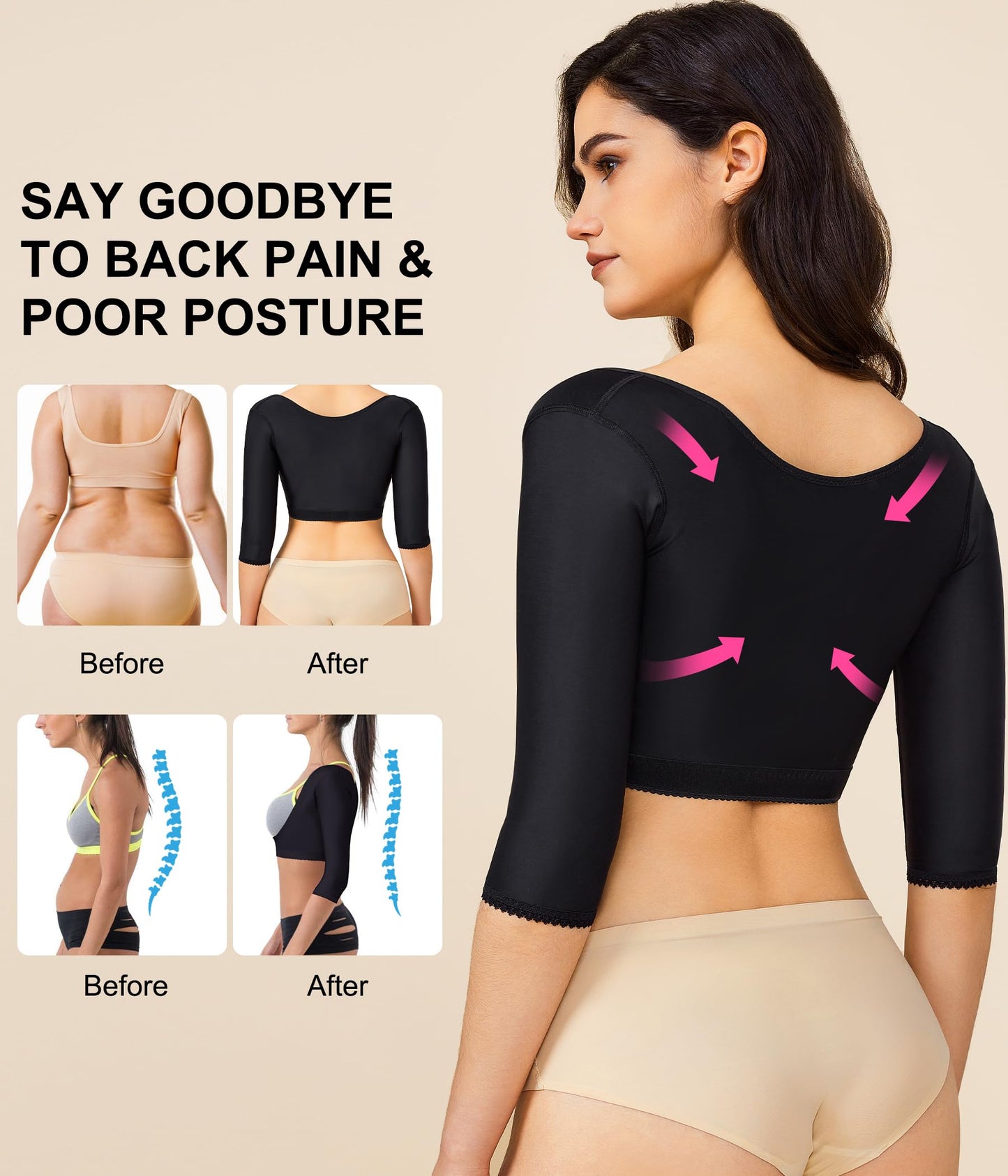 BRABIC Upper Arm Shaper Post Surgical Slimmer Compression Sleeves Posture Corrector Tops Shapewear for Women (Black, L)