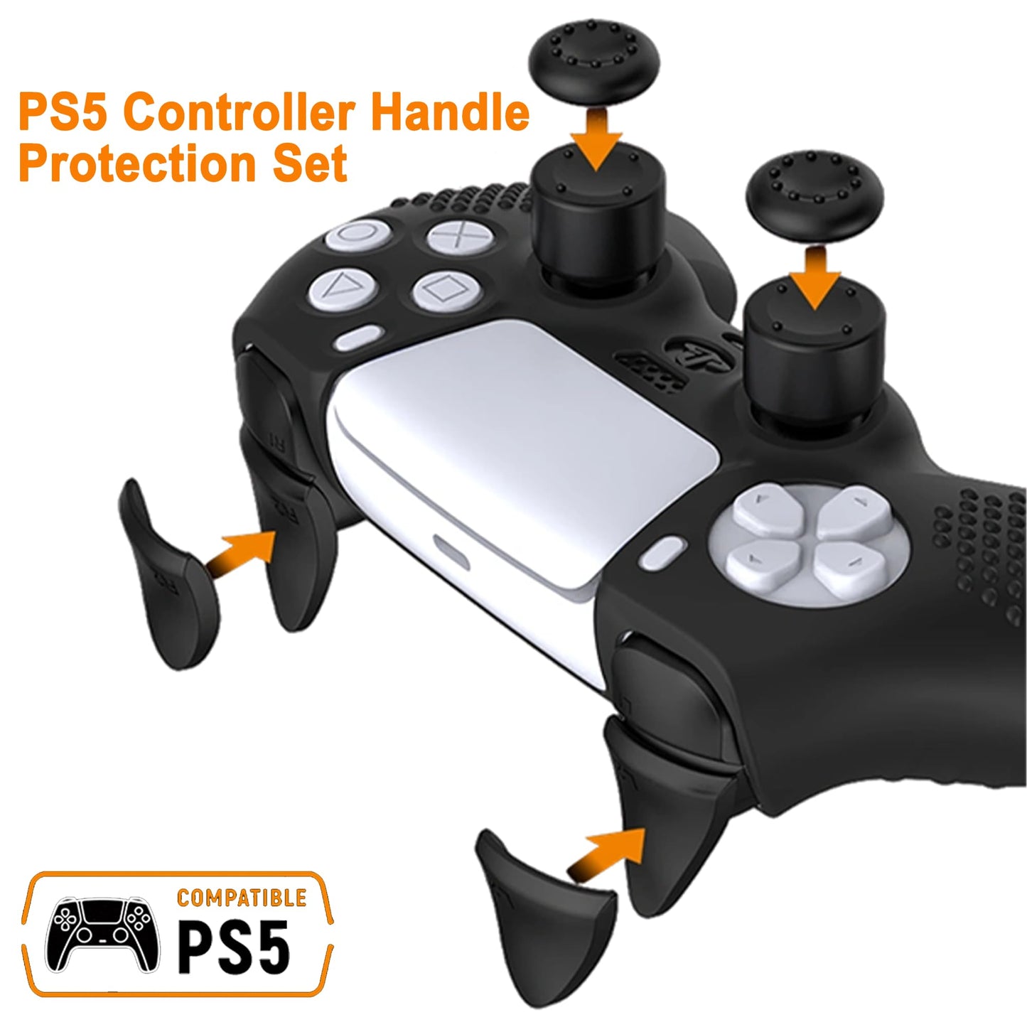 iCarp PS5 Controller Skin, Anti-Slip Soft Silicone Protective Cover Case for PlayStation 5 DualSense Wireless Controller, 1Pack with 4 Thumb Grip Caps and L2R2 Trigger Extenders (Black)