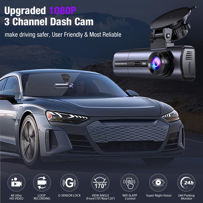 3 Channel 4K Dash Cam with 5GHz WiFi & APP Control, 4K/2.5K+1080P+1080P Front Inside and Rear, Triple Dash Camera with 64GB Card, G-Sensor, 24 Hours Parking Mode, Loop Recording, Night Vision