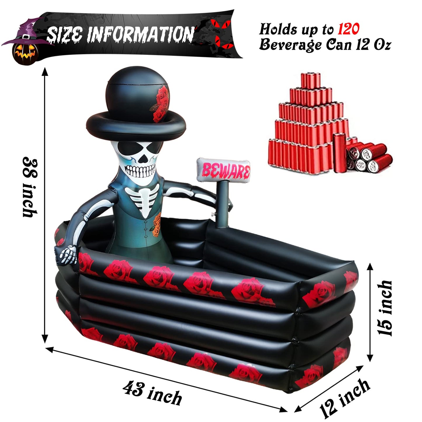 43 Inch Halloween Birthday Party Decorations Inflatable Cooler, 120+ Cans Halloween Supplies Large Capacity Scary Coffin Skeleton for Drink Beverage Holder, Party Favors for Adults Outdoor Indoor