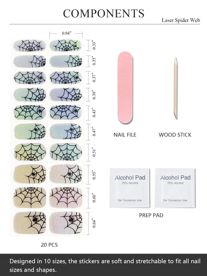 AutyaMee Semi Cured Gel Nail Strips (Laser Spider Web), Halloween, 20 Pcs Gel Nail Wraps, Stickers, UV Light Required, Salon Quality, Long Lasting