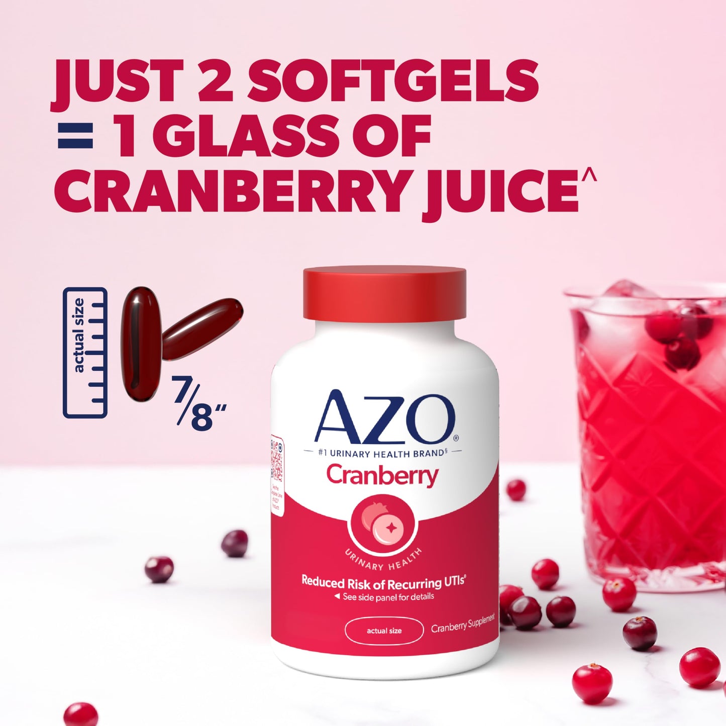 AZO Cranberry Supplement, Made with Concentrated Whole Fruit Cranberry Powder to Help Cleanse and Protect the Urinary Tract*, Sugar Free Cranberry Pills, Non-GMO, 100 Softgels