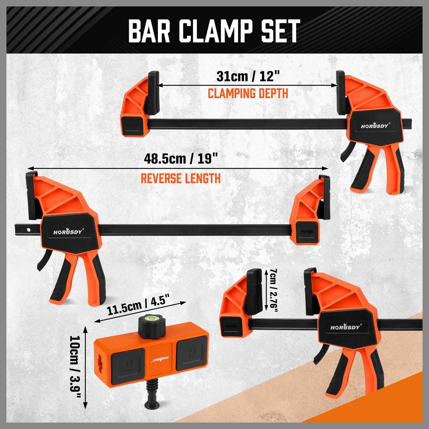 HORUDSY 3-Pack 12-Inch Bar Clamps Set with Leveling Block Clamps, Heavy Duty 350LBS Load, One-Handed Quick Grip Woodworking Clamps, Expandable Spreader with Connector