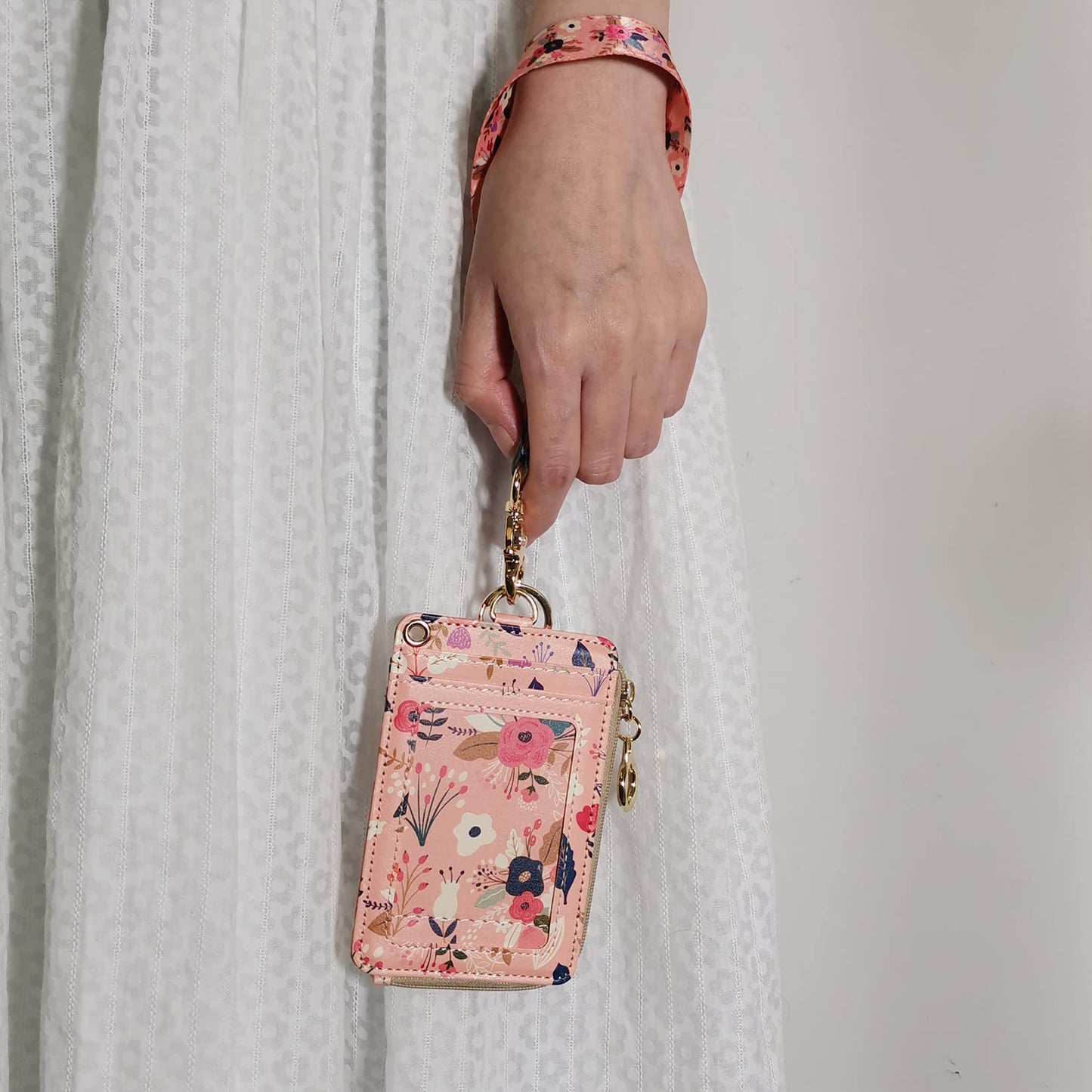 bolimoss Lanyard with Wallet,Zip ID Case with Lanyard,Lanyard Badge Holder,Lanyard Wallet for Women,Fashion Lanyard Wallet, ID Case Wallet with Lanyard（Pink Floral）