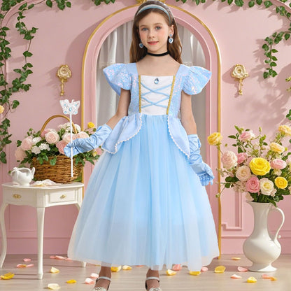 iTVTi Princess Cinderella Costume for Girls Kids Cosplay Dress Carnival Halloween Party Outfit, Blue, 5-6 Years