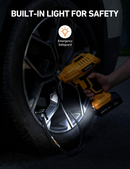 AstroAI Cordless Tire Inflator Air Compressor 20V Rechargeable Battery Powered 160PSI Portable Air Pump with 12V Car Power Adapter Digital Pressure Gauge for Cars Motorcycles JY16P160-18（C2）Yellow