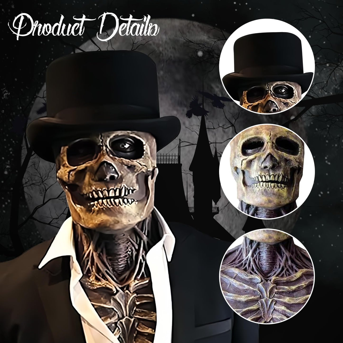 AUSTUFF Halloween Skull Mask,Scary Full Head Horror Mask with Movable Jaw, Scary Realistic Latex Helmet Cosplay Party Props (a mask and a hat)