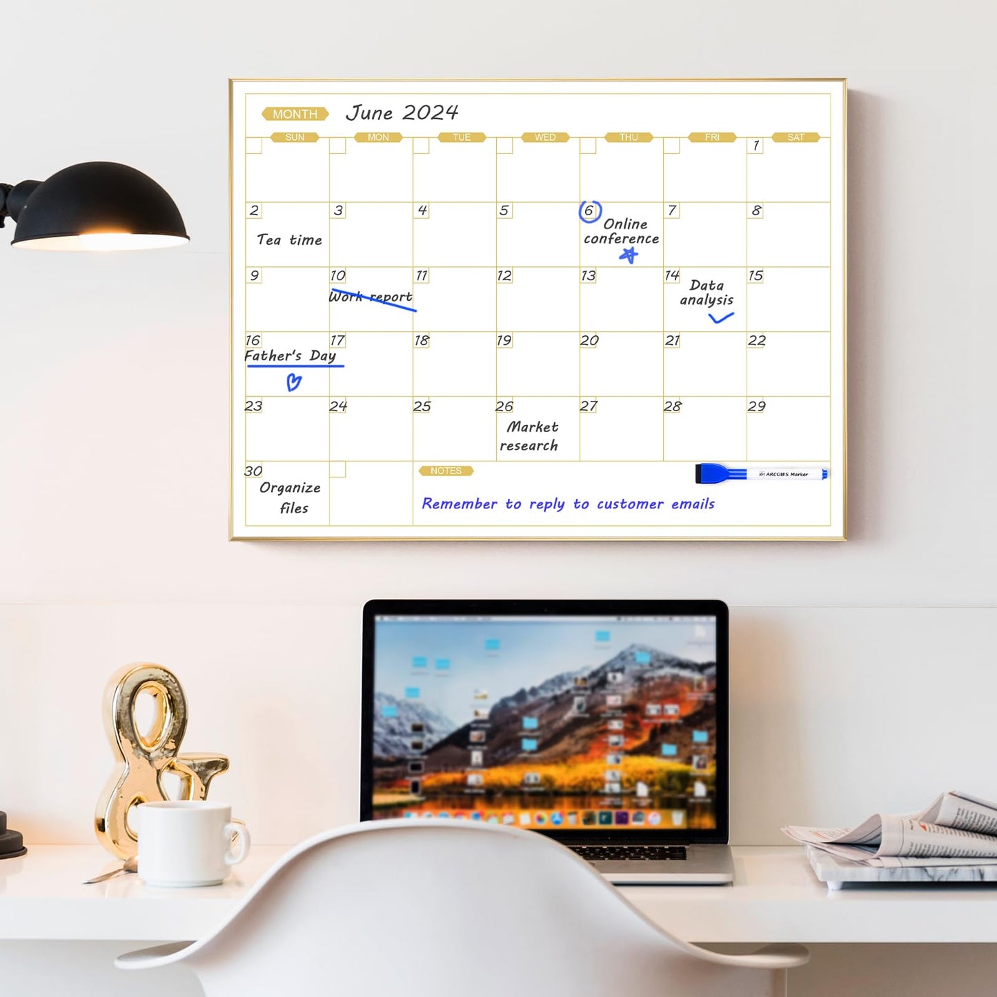 ARCOBIS Monthly Calendar Whiteboard for Wall, 24" x 18" Magnetic Dry Erase Calendar with Gold Frame, Wall Hanging Planner for Home, Office, School