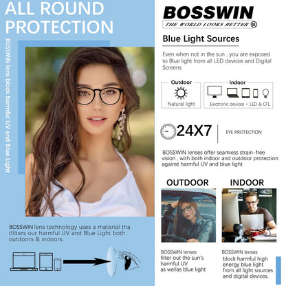 BOSSWIN Blue Light Blocking Glasses for women/men - 4Pack Computer Reading/Gaming/TV/Phones Glasses Anti UV Glare Eyestrain