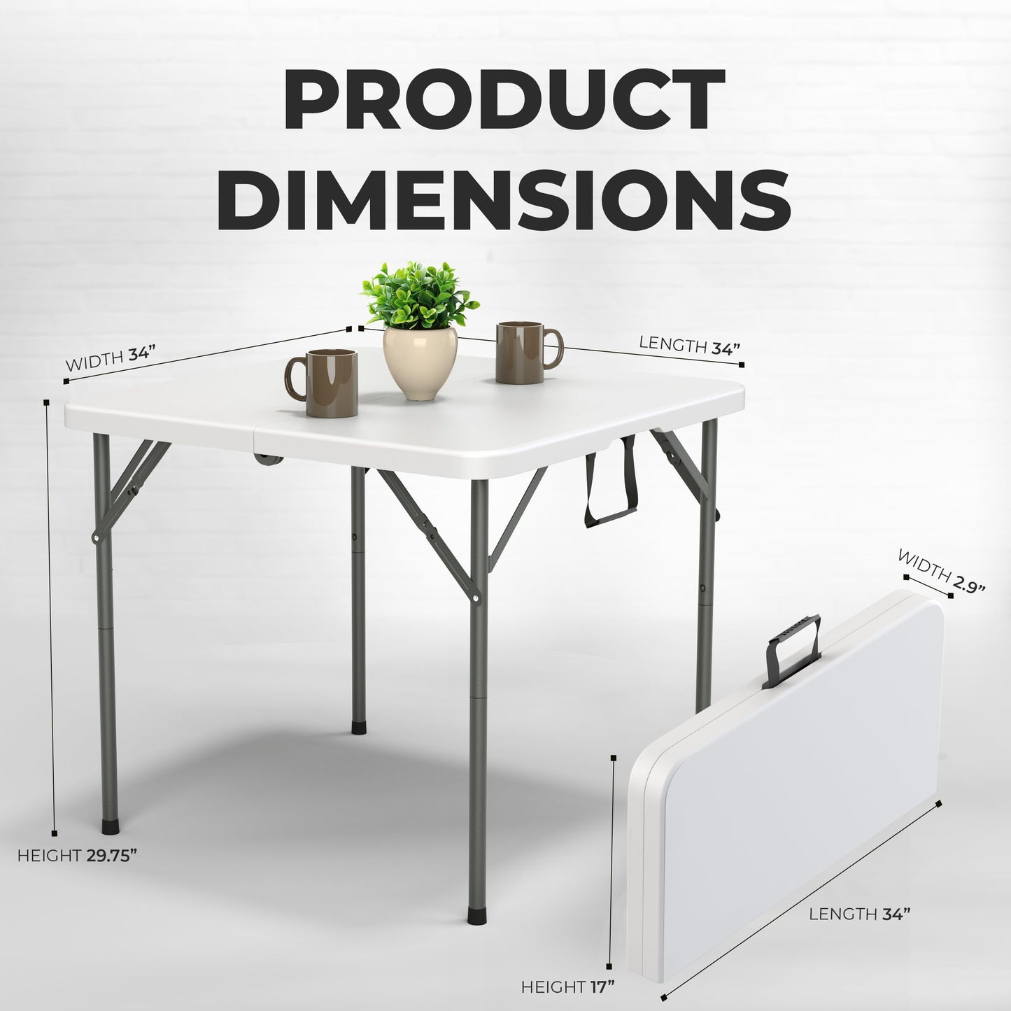 34" Square Foldable Table with Built in Handle & Steel Legs | Heavy Duty Portable | Perfect for Party, Dining, Wedding, Events, Picnic Indoor, Outdoor, Camping, Utility, Temporary