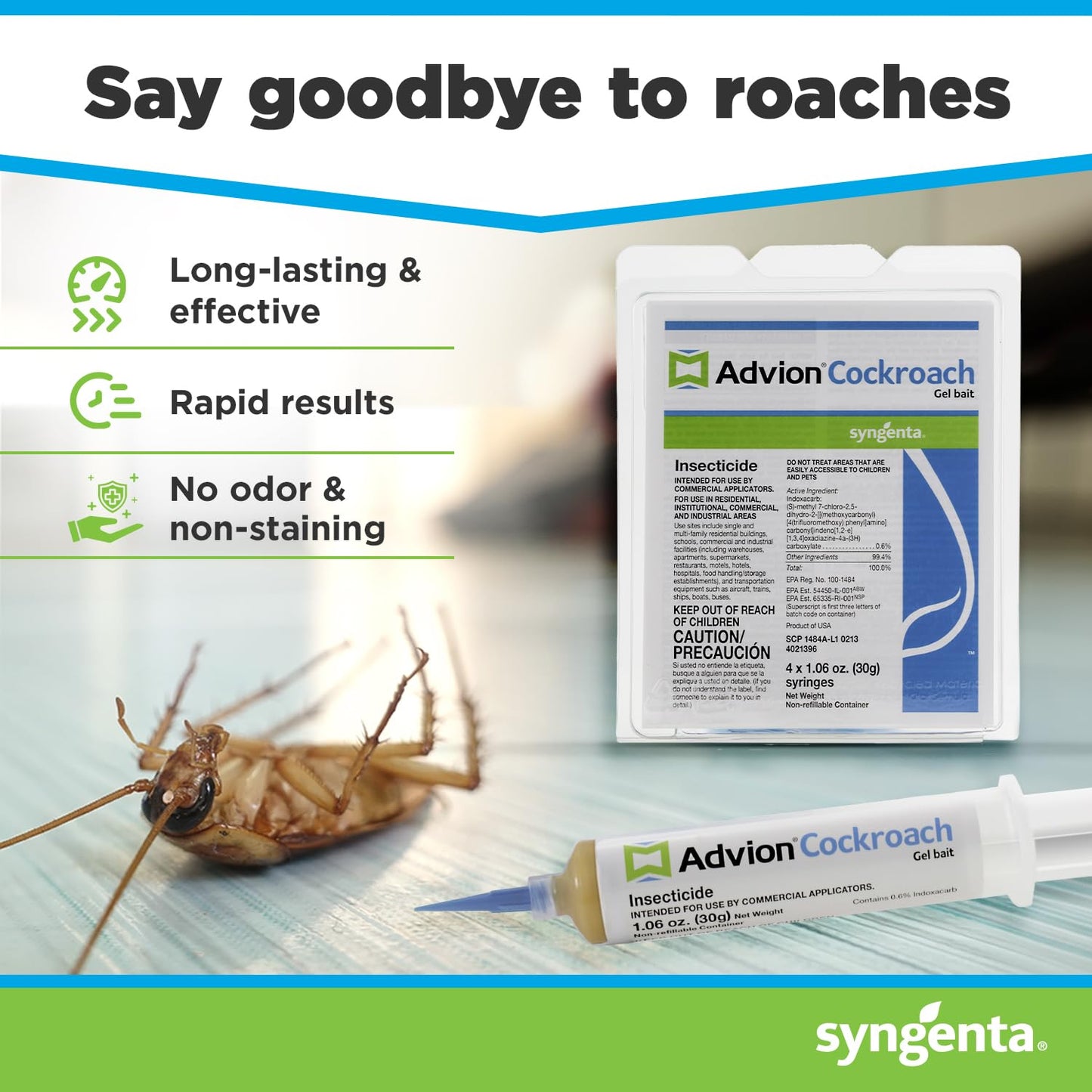 Advion Cockroach Gel Bait, 4 Tubes x 30-Grams, 1 Plunger and 2 Tips, German Roach Insect Pest Control, Indoor and Outdoor Use, Roach Killer Gel for American, German and Other Major Cockroach Species