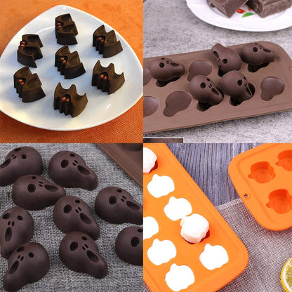 4 Pack Halloween Silicone Baking Molds，Pumpkin Skull Bat Wizard Hat Shape Cake Mold Chocolate Gummy Molds Ice Tray Cake Decor for Halloween Party Decorations Kitchen DIY Baking Tools
