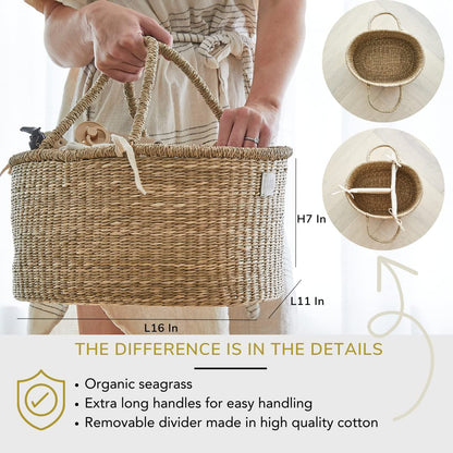 BEBE BASK Premium Baby Diaper Caddy Organizer - Artisan-Made Seagrass Basket With Cotton Divider - Award-Winning & Luxury Diaper Caddy Basket (ROSA)