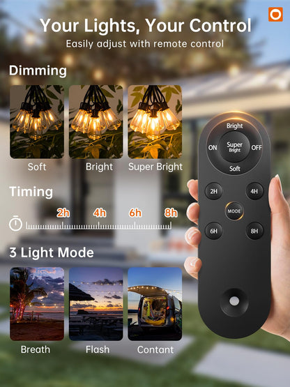 addlon 35FT Solar String Lights Outdoor, Waterproof Solar Powered with Remote & USB Port, 10+1 LED Shatterproof Bulbs, Dimmable Solar Light Outdoor for Camping Backyard Bistro Porch