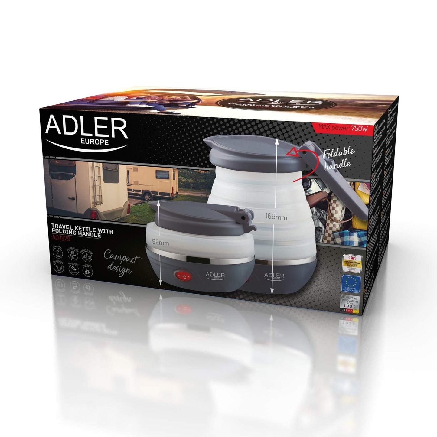 Adler AD1279 Folding Electric Kettle 0.6 Litre 750W BPA Free Silicone White and Dark Grey