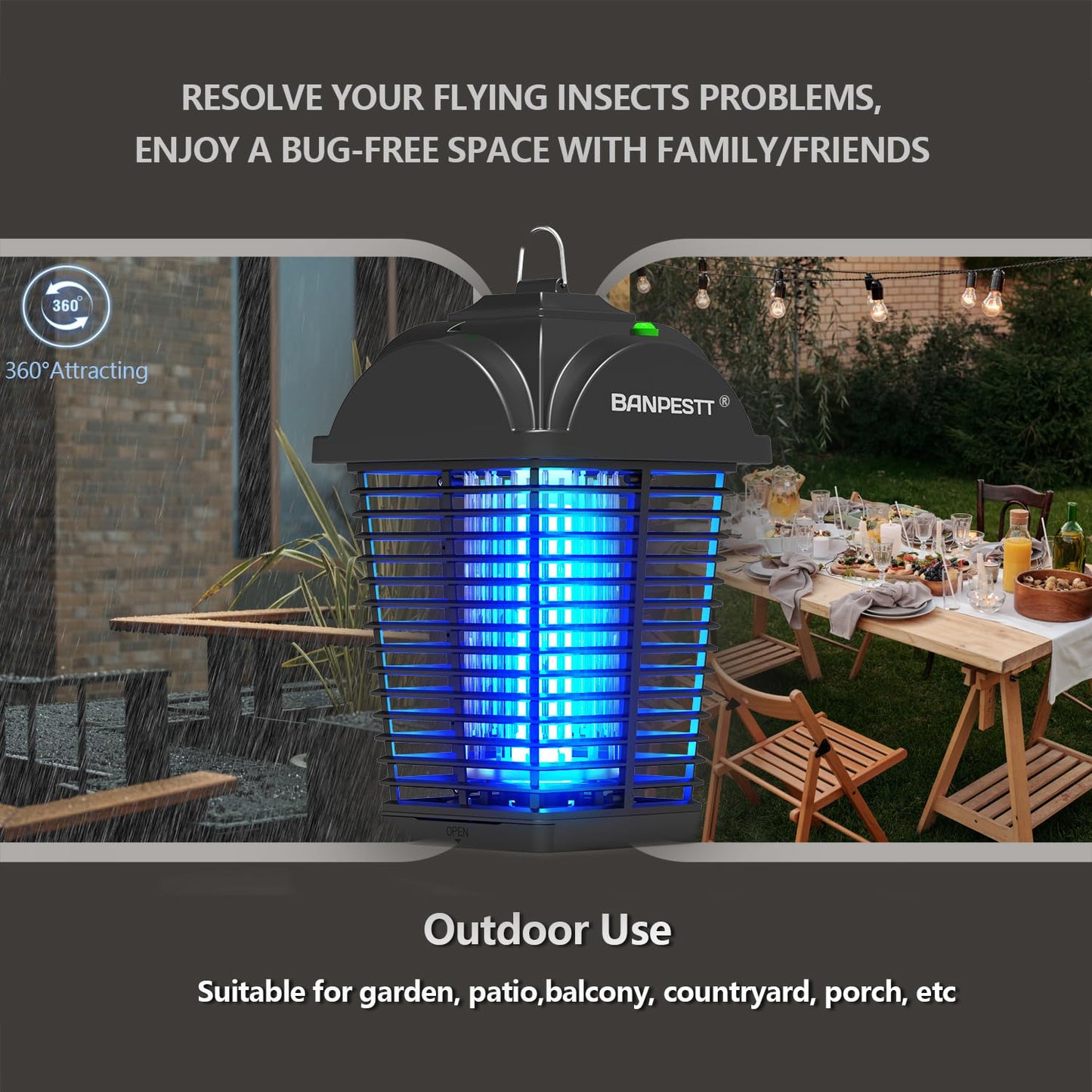 BANPESTT Bug Zapper Outdoor, Mosquito Zapper with Dusk-to-Dawn Light Sensor, Waterproof Fly Zapper, Electric Mosquito Killer for Garden, Patio, Balcony, Courtyard(Black