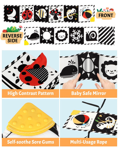 High Contrast Baby Book with Teether, Black and White Baby Book, 0-6-12 Months Soft Book for Newborn, Sensory Books, Montessori Learning Activities for Babies, Easter Basket Stuffer
