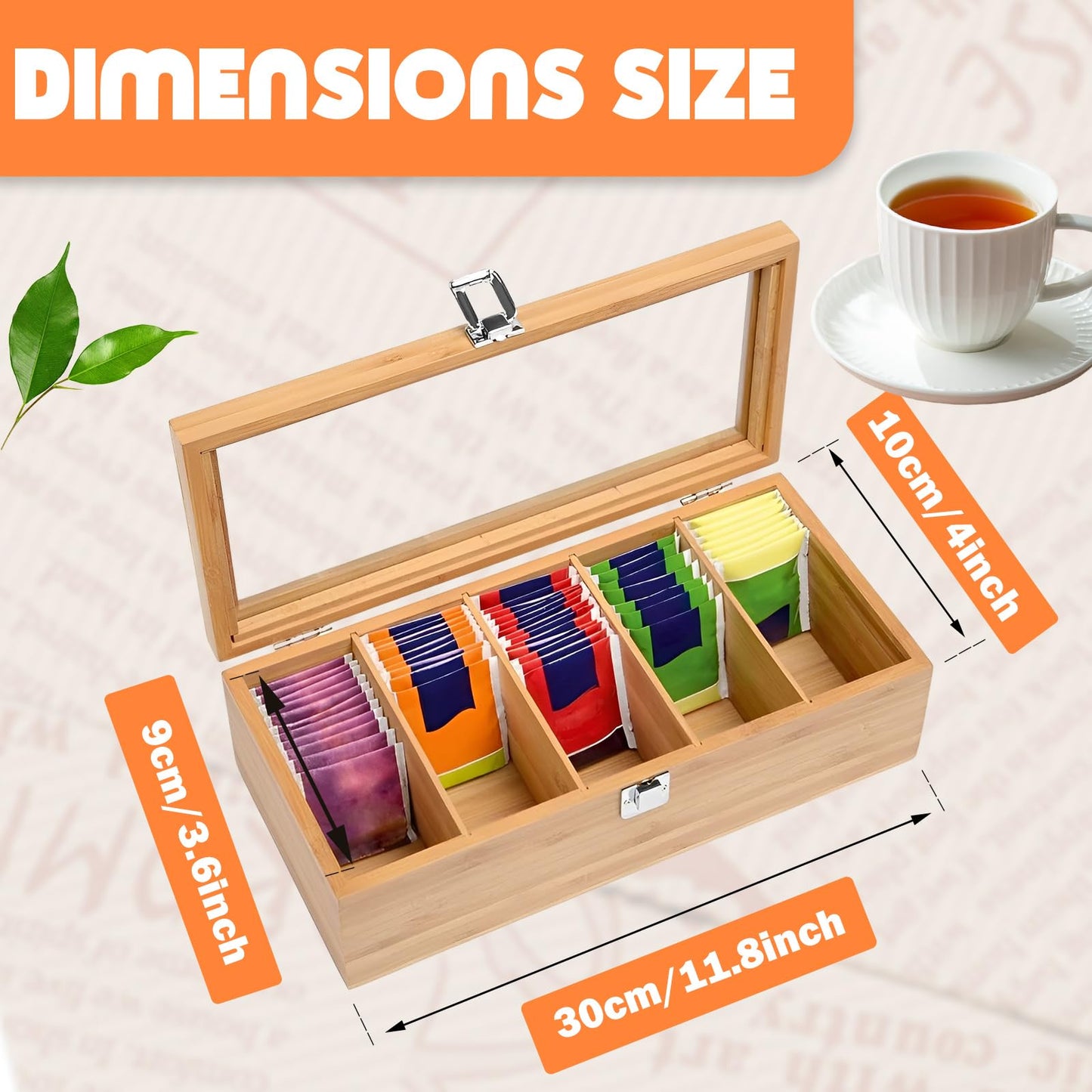 Bamboo Tea Bag Organizer Storage Box, 5 Compartments Bamboo Tea Box, Teabag Box Organizer with Clear Lid, Teabox Station Display, Portable Tea Bag Holder for Home Office Spices