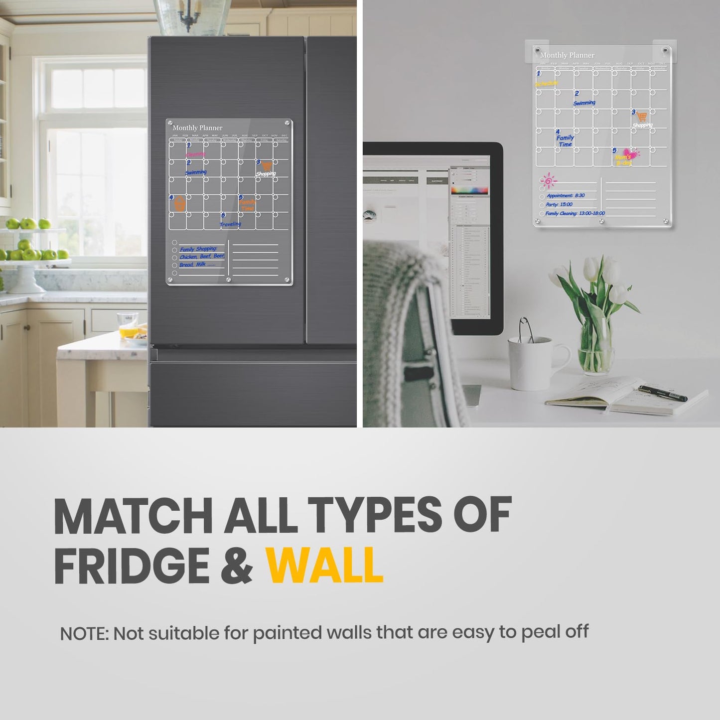 IDEATECH Acrylic Magnetic Fridge Calendar Planner 2025, Clear Dry Erase Board for Refrigerator, 2in1 Vertical Monthly & Weekly Planner to Do Grocery List Board,Family Calendar WhiteBoard Magnet(White)