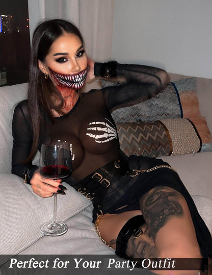 Avidlove Long Sleeve Mesh Crop Top Women's See Through Cropped Top mesh Top Sheer Shirt Skull Palm M